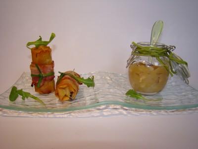 Petits croustillants de bray aux graines de lin, Chutney pomme granny oignon, quelques feuilles de roquette