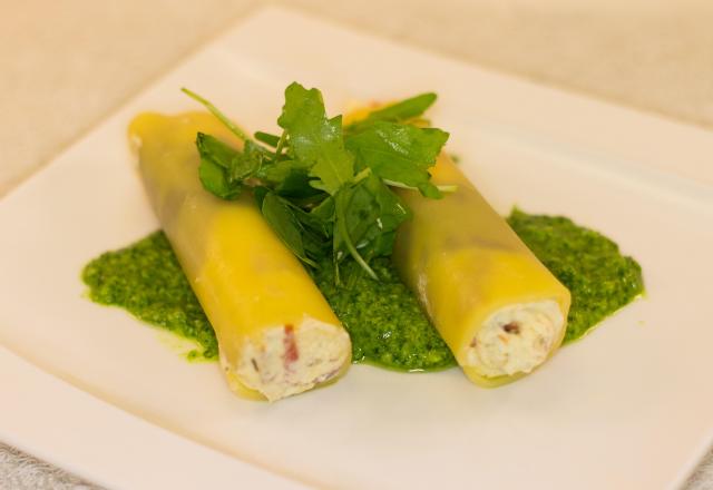 Cannellonis au saint marcellin et pesto de roquette