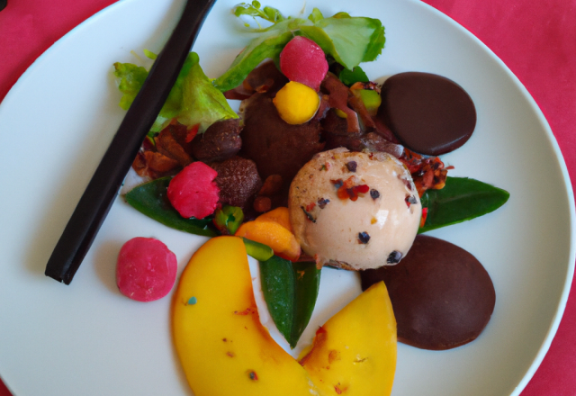 Salade de fruits exotiques, raviole chocolat, sorbet litchi