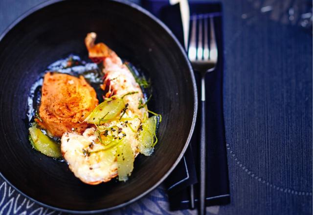 Langouste flambée, menthe et suprêmes de citron vert