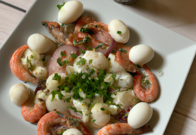 Blanc d'œuf caillé, crevettes grises petit lait et herbes