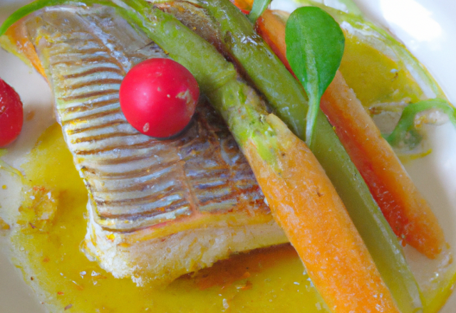 Filets de rougets à la moelle, petits légumes glacés