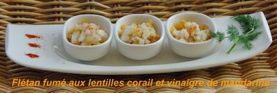 Flétan fumé, lentilles corails et vinaigre aux agrumes