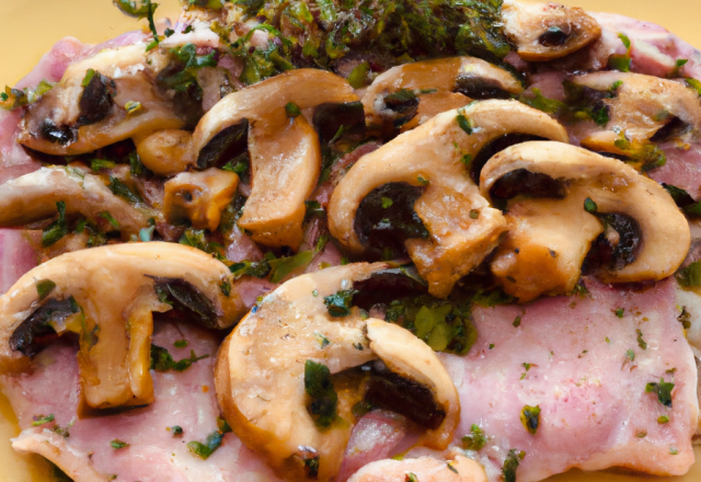 Escalopes de dinde aux champignons, jambon de bayonne et thym frais