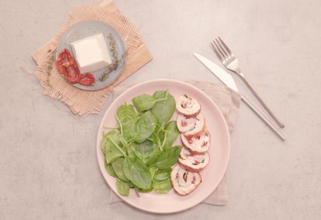 Ballotines de dinde au chèvre frais, pousses d’épinards et tomates séchées