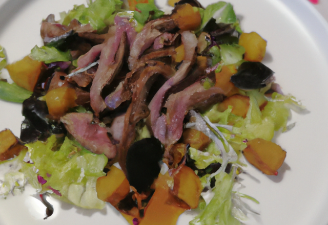 Salade tiède de canard confit et barbe de capucins au vinaigre de Leffe brune