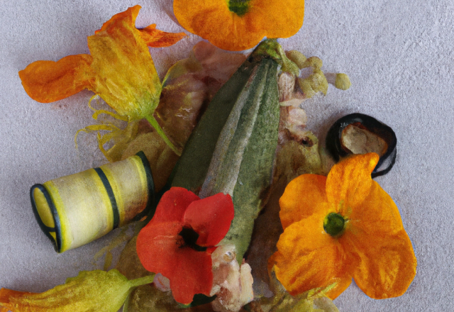 Loup en papillote au corail d'oursin et courgettes fleurs