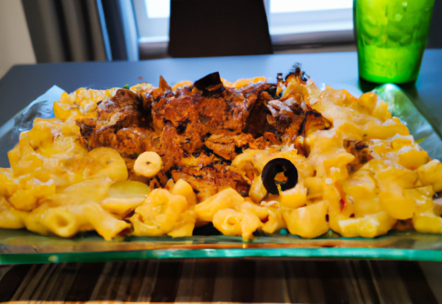 Gratin de macaroni, hachis de bœuf et petits légumes