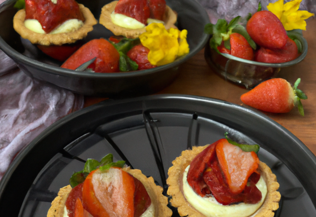 Tartelettes aux fraises à la mousseline de jasmin sur sablé breton et son coulis de fraise citronné