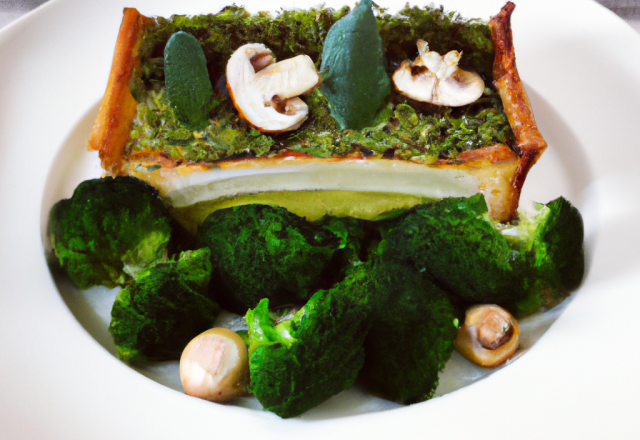 Dos de bar en crôute sylvestre, purée de brocoli, effilochée de chou vert et champignons