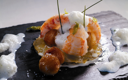 Tarte pommes de terre, langoustine et marrons