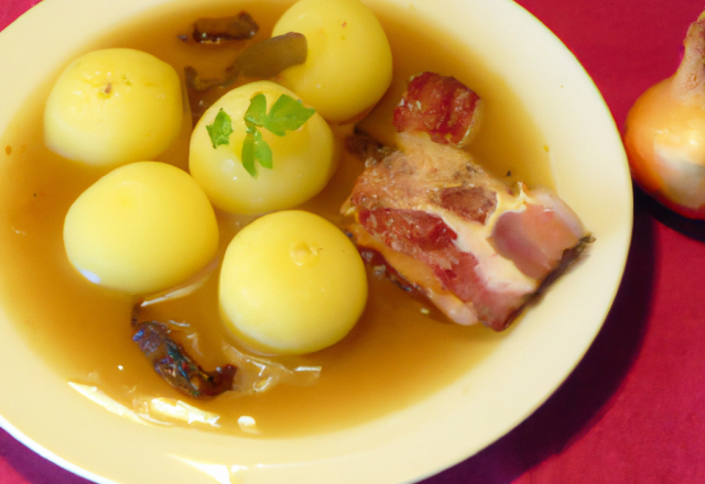 Pommes de terre ratte aux lardons et jus de bouillon