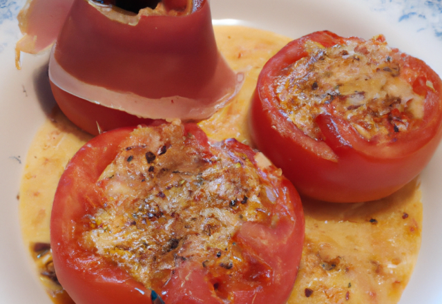 Tomate farcie à la semoule aillée et au jambon cru