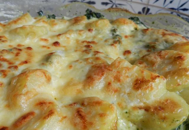 Gratin de pommes de terre, poisson et épinards