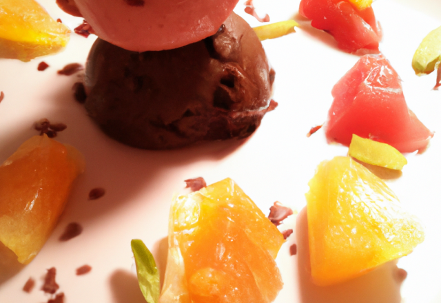 Gelée de Campari, agrumes et sorbet cacao