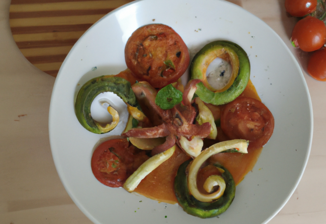 Verinne calamars à l'américaine, chèvre chorizo, courgette et tomate verte