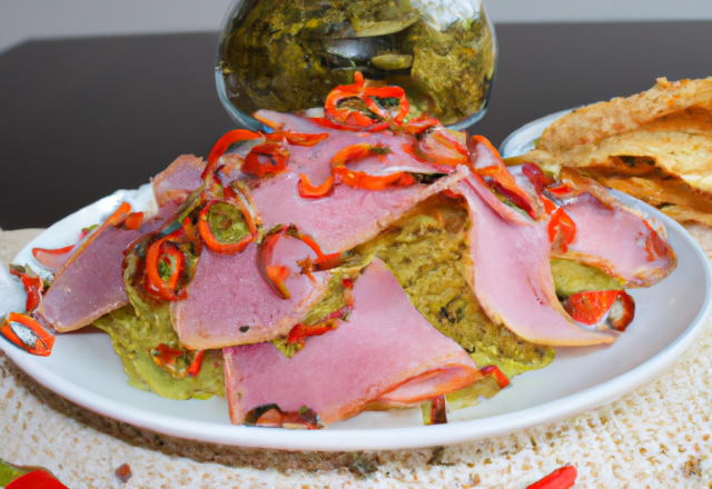 Vermicellinis au pesto de poivrons rouges et leur chips de jambon cru