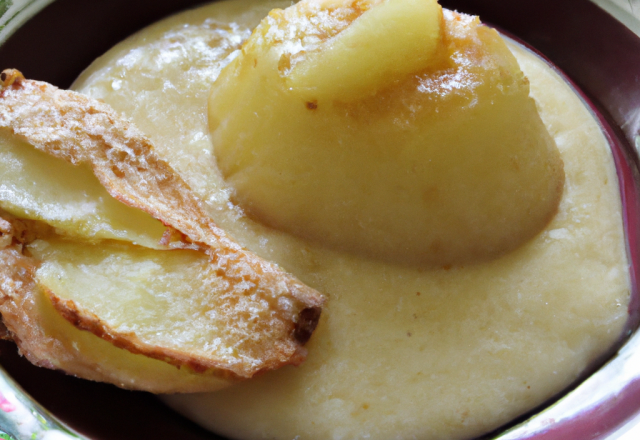 Craquant de crème prise à la jonquille poêlée de pommes, de poires, de coing, crème glacée confiture de lait