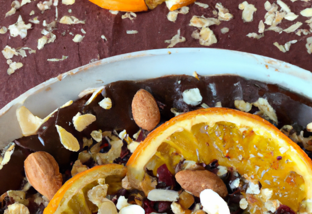 Ondulé craquant aux amandes, fraîcheur d'agrumes, pailletée pralinée et sirop de chocolat orange