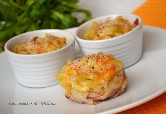 Mini-gratins de pâtes au lard et aux 3 fromages