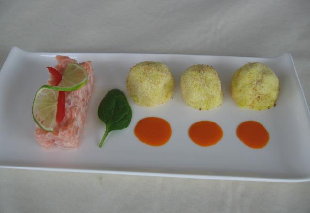 Tartare de saumon, rochers coco-curry-kiri