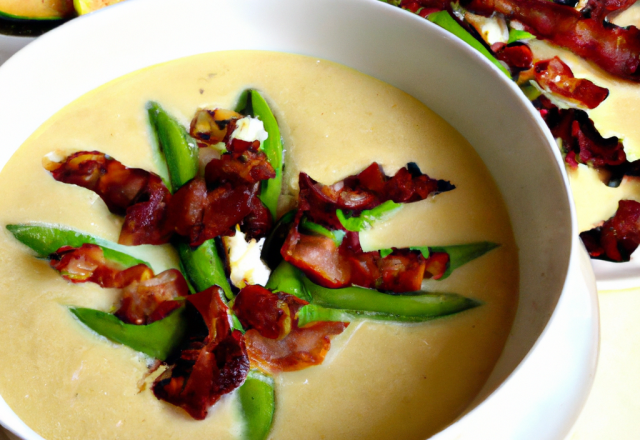 Soupe de courgette et petits pois au fromage et au bacon grillé