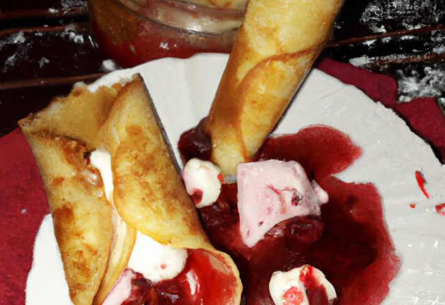 Cornets de crêpes et chantilly et confiture de framboise