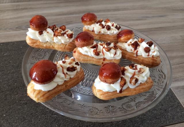 Mini-éclairs vanille, noix de macadamia caramélisées & caramel croquant