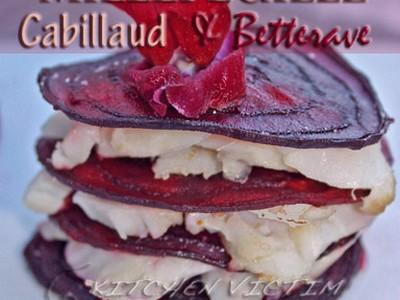 Millefeuille de betterave croustillante au cabillaud, pesto de betterave crue et riz rose