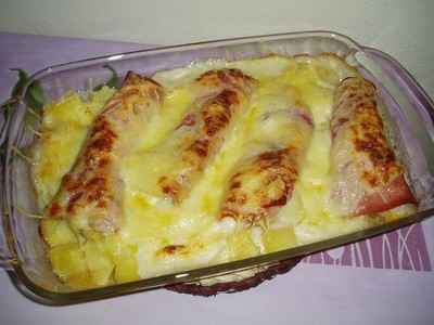 Gratin de bananes, pommes de terre et jambon