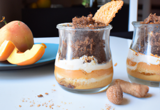 Verrine à la crème à la pâte à tartiner type nutella et crumble de spéculoos aux pêches