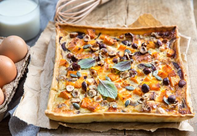 Tarte au potimarron, aux noisettes, au chèvre et au lait de chèvre