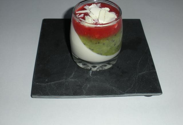 Panna cotta chocolat blanc-coulis kiwi et fraises