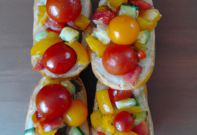 Brushetta fraîcheur : concombre, melon, tomates cerises et paprika