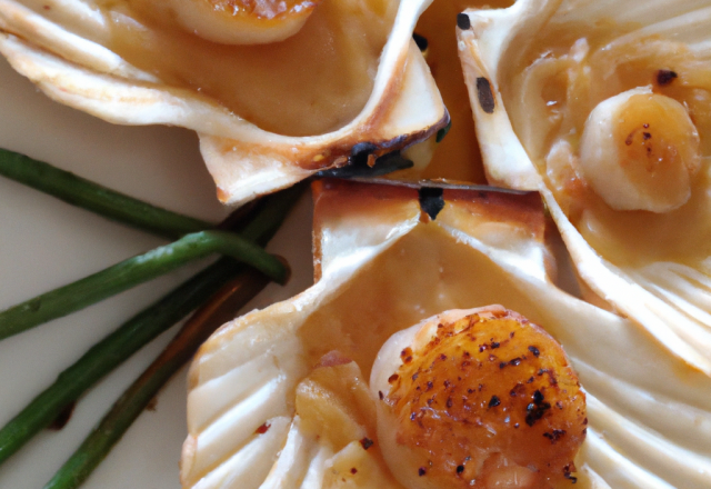 Coquilles Saint Jacques pochées, feuilleté aux noisettes et Dubarry caramélisé