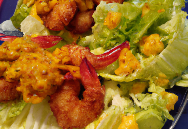 Crevettes au curry sur salade croquante