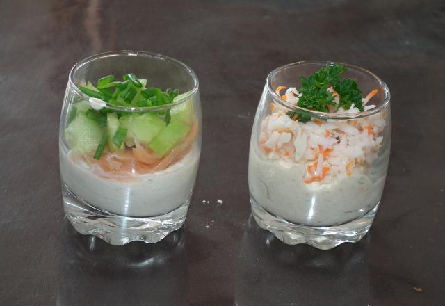 Verrine de saumon fumé, concombre, surimi