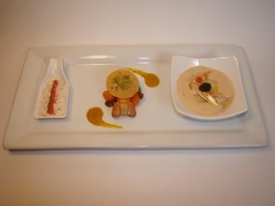 Déclinaison autour de la langoustine : Yaourt, pastilla destructurée, raviole et bisque