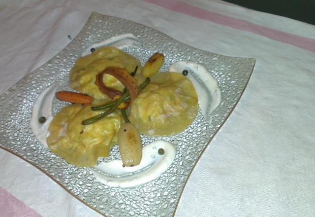 Raviole de printanière de légumes et bacon au chavroux