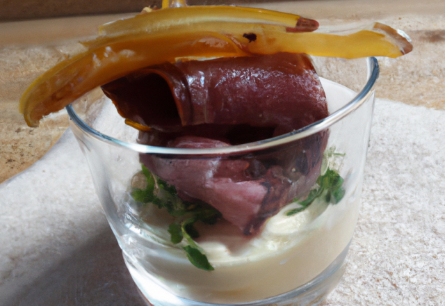 Verrine ricotta magret de canard fumé