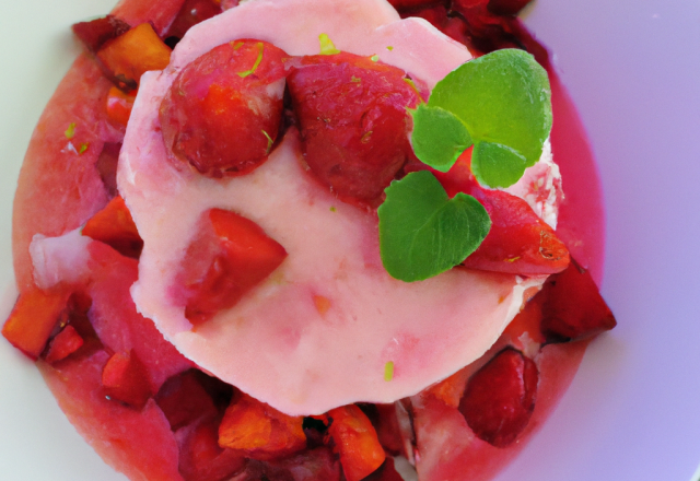 Tartare de fraise au sirop de persil, glace coco