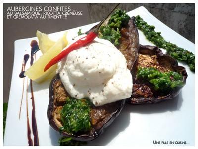 Aubergines confites au balsamique, ricotta crémeuse et gremolata au piment