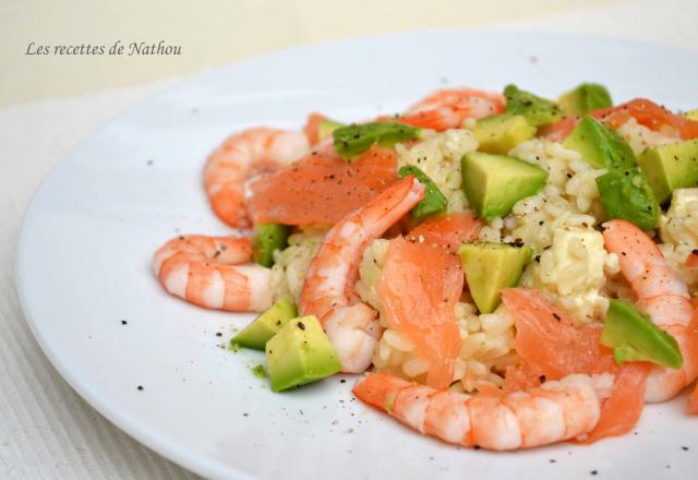 Risotto au saumon fumé, crevettes et avocat, feta et citron vert...