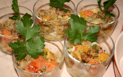 Tartare de saumon, de thon et de coquilles saint-jaques safrané