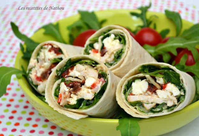 Wraps au poulet sauce moutarde, tomates séchées et feta