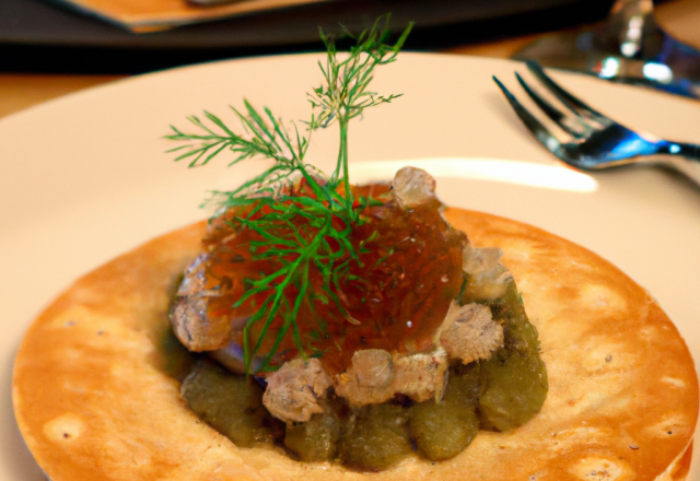 Le 'caviar du Velay' en gelée de crustacés, blinis à la farine de Lentilles Verte du Puy