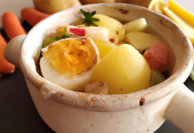 Œuf cocotte pommes de terre et légumes acidulés