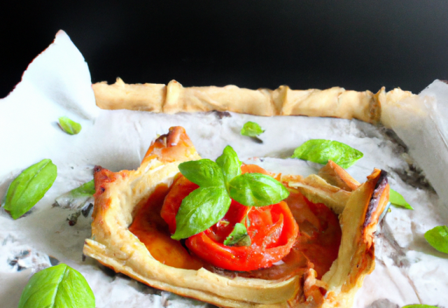 Tarte aux tomates, basilic et Cabécou du Périgord sur pâte feuilletée