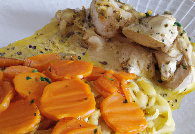 Dés de poulet au citron et à la  cardamome verte, accompagnés de tagliatelles de carottes et riz blanc au curcuma