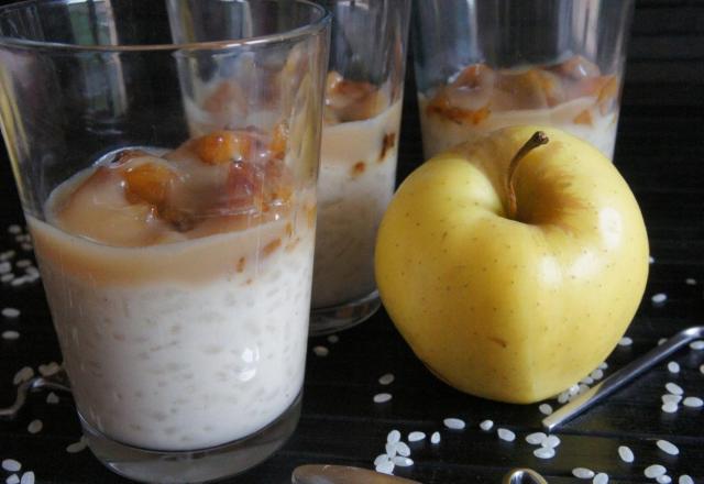 Riz au lait, pommes sautées et caramel au beurre salé